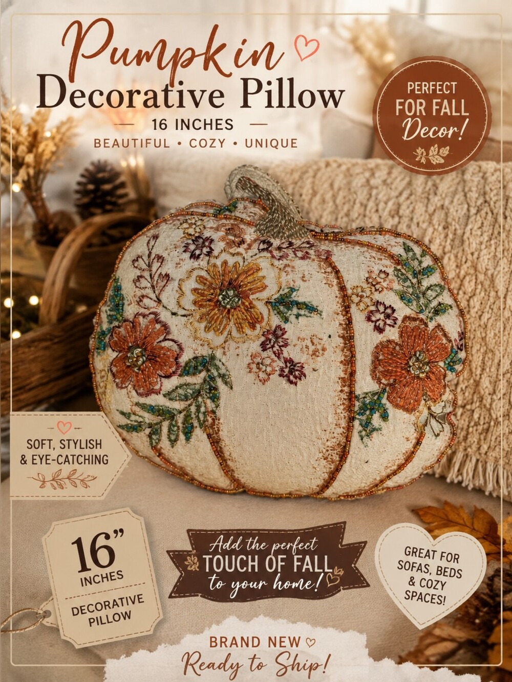 Cream Floral Embroidered Pumpkin Pillow - Fall Accent